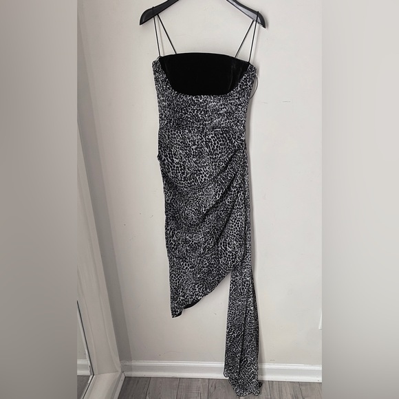 RASARIO Pre/Fall RTW Draped Leopard Chiffon Silk Velvet Bustier Midi Dress 6 8